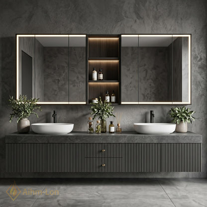 60''-96'' Modern Bathroom Vanity with Sink Floating Grey Slatted Stone Composite Drawers