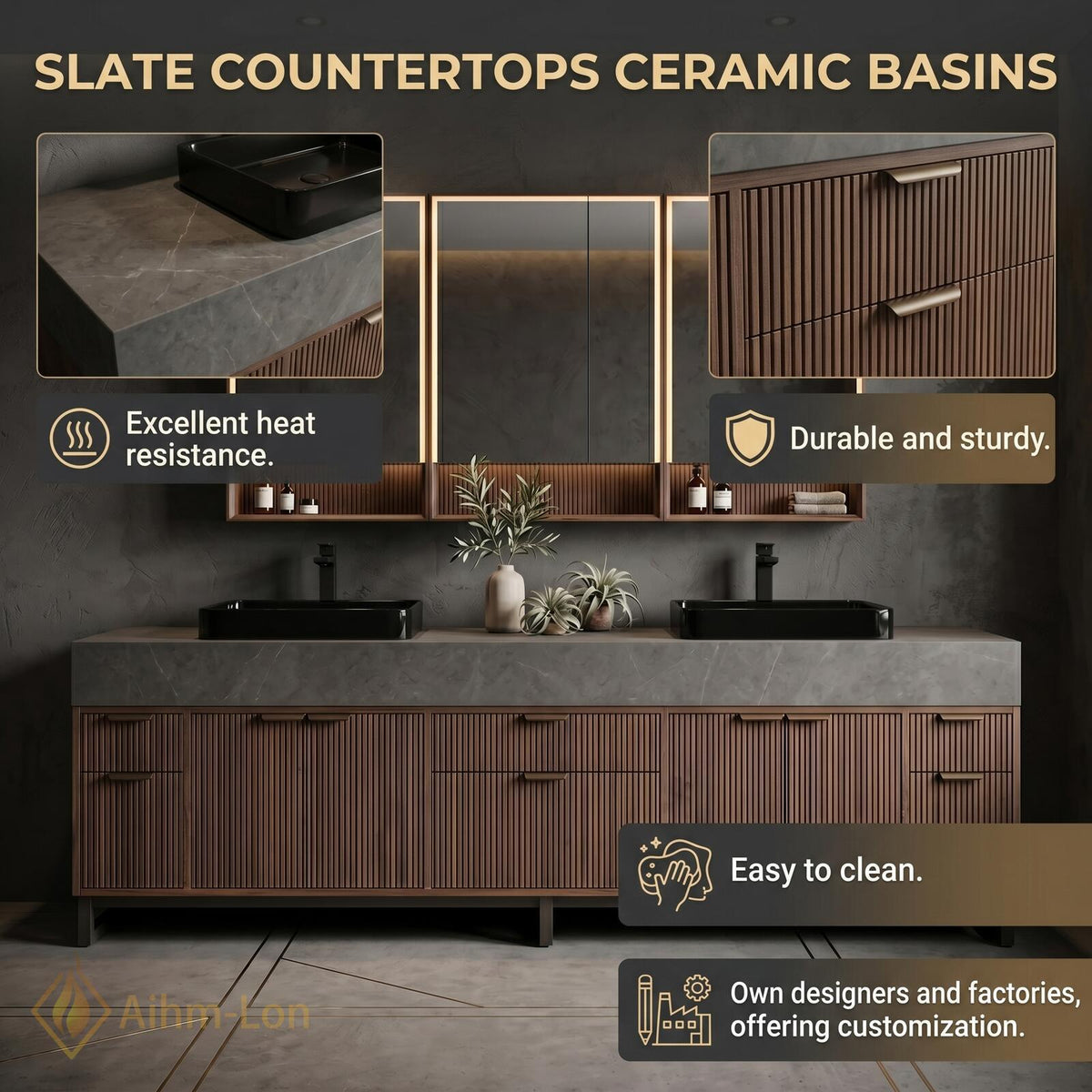 60''-96'' Double Bathroom Vanity with Sink Slatted Panel Doors Warm Walnut Finish