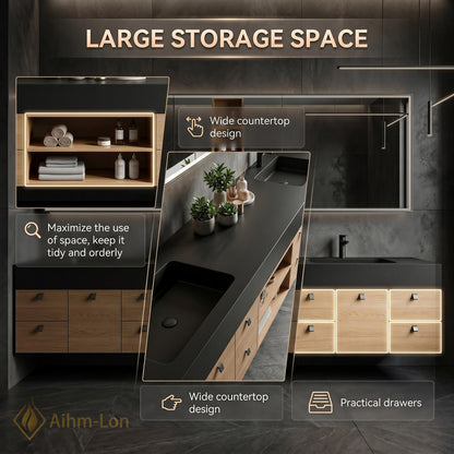 60''-96'' Double Bathroom Vanity with Sink Dark Matte Top Light Wood Drawers