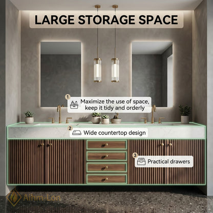 60''-96'' Double Bathroom Vanity with Sink White-Marble White Floating Modern Ribbed Wood