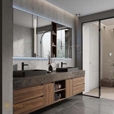 76''-96'' Bathroom Vanity with Sink Floating Double Warm Wood Finish Open Shelving
