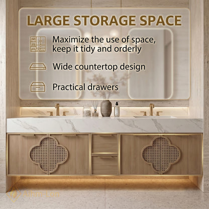 72''-96'' Double Bathroom Vanity with Sink Carved Lattice Doors Floating Design Marble