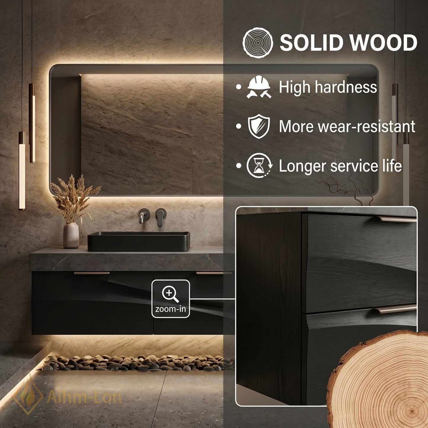 60''-96'' Double Bathroom Vanity with Sink Grey-Marble Grey Floating Wave Design Texture