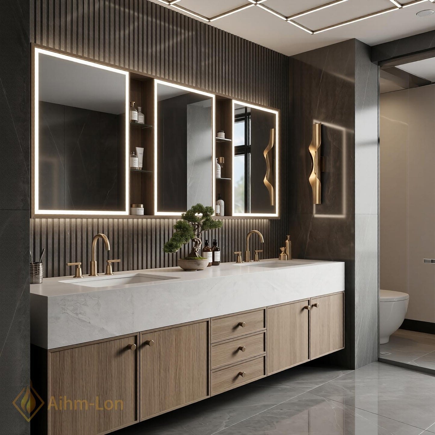 70''-96'' Modern Bathroom Vanity with Sink Floating Stone Wood Grain Center Drawers