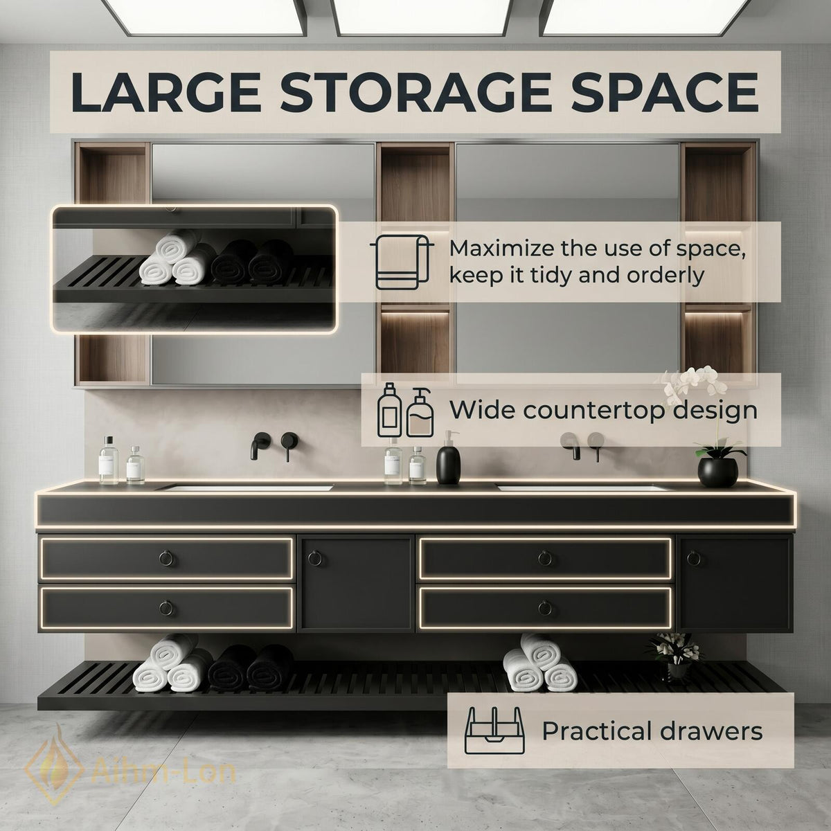 60''-96'' Double Bathroom Vanity with Sink Floating Dark Matte Finish Open Shelving