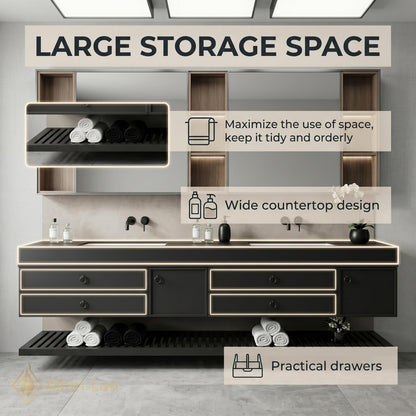 60''-96'' Double Bathroom Vanity with Sink Floating Dark Matte Finish Open Shelving