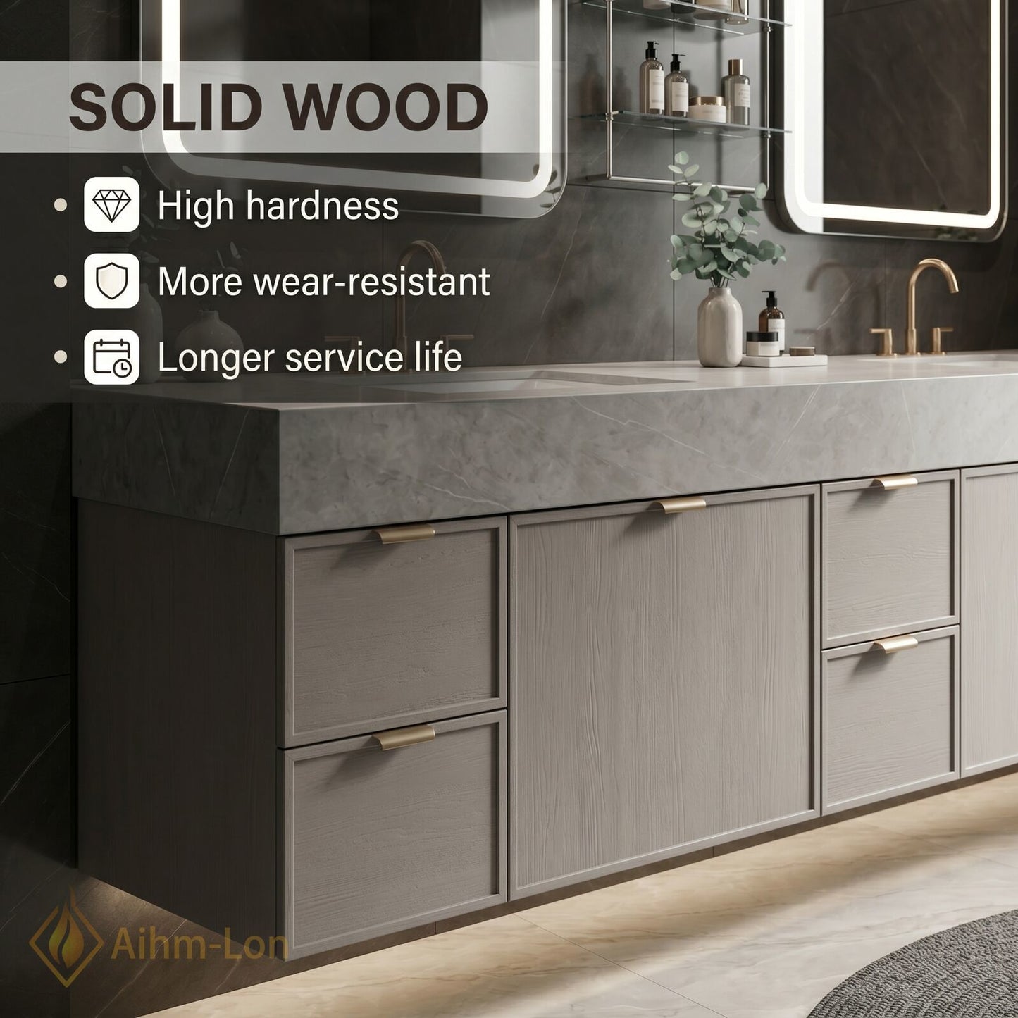 76''-96'' Double Bathroom Vanity with Sink Grey Floating Modern Wood-Grain Mirror-Cabinet Vanities