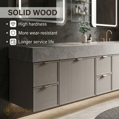 76''-96'' Double Bathroom Vanity with Sink Grey Floating Modern Wood-Grain Mirror-Cabinet Vanities