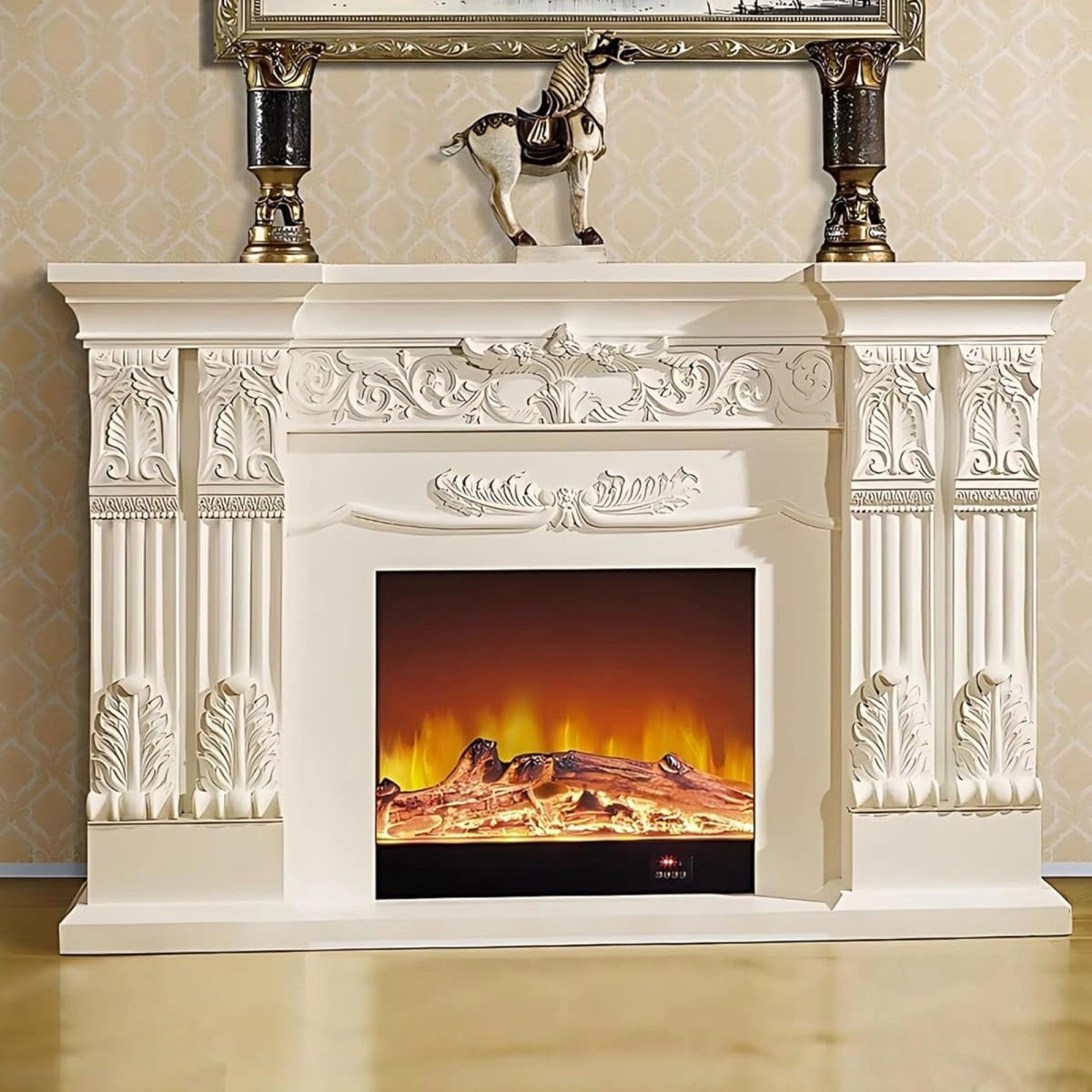 Aihm-Lon Exquisite Electric Fireplace with White Carved Details 59”-73”