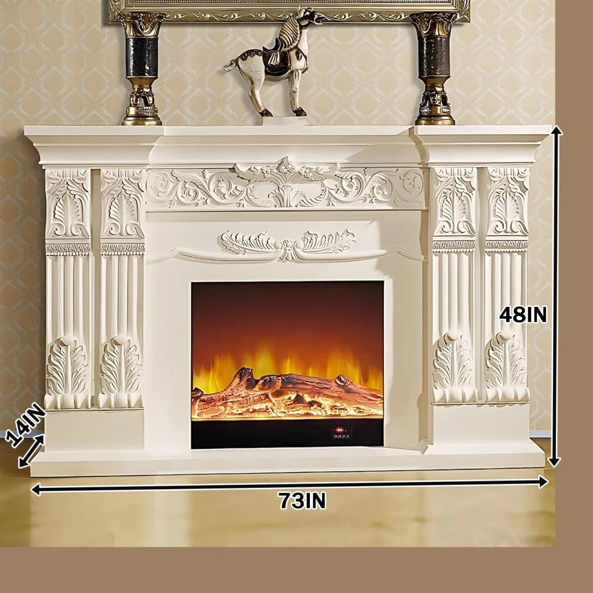 Aihm-Lon Exquisite Electric Fireplace with White Carved Details 59”-73”