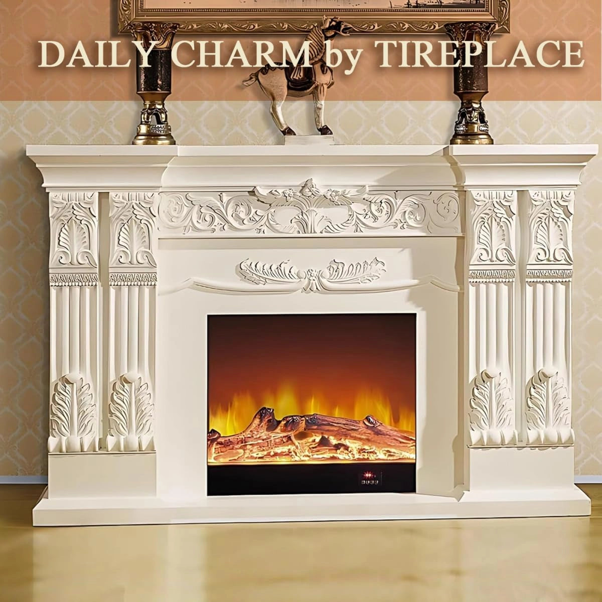 Aihm-Lon Exquisite Electric Fireplace with White Carved Details 59”-73”