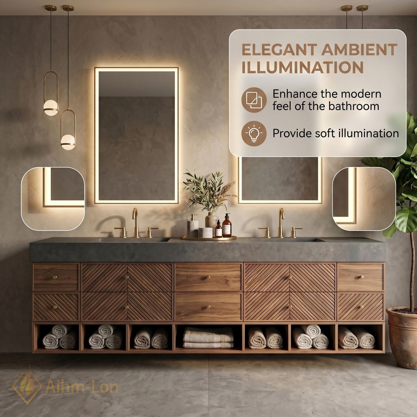 78''-96'' Double Bathroom Vanity with Sink Geometric Wood Panels Dark Stone Top