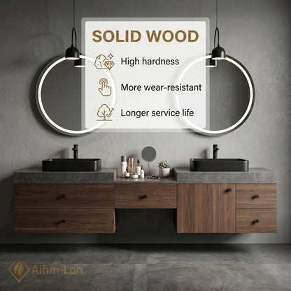 60''-96'' Double Bathroom Vanity with Sink Dark-Wood Modern Floating Grain Slatted