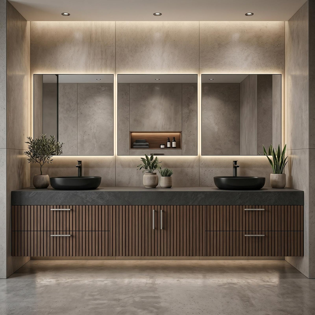 60''-96'' Double Bathroom Vanity with Sink Modern Floating Dark Stone Top Vertical Slats