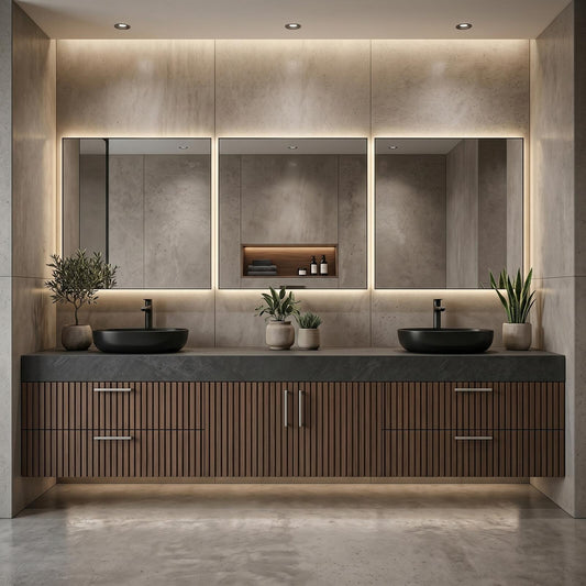60''-96'' Double Bathroom Vanity with Sink Modern Floating Dark Stone Top Vertical Slats