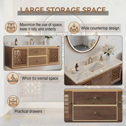 48''-64'' Modern Bathroom Vanity with Sink Floating Lattice Glass Wood Grain Drawers