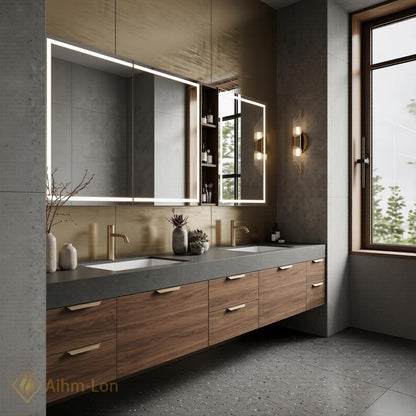 60''-96'' Double Bathroom Vanity with Sink Deep Grey Stone Wood Grain Drawers