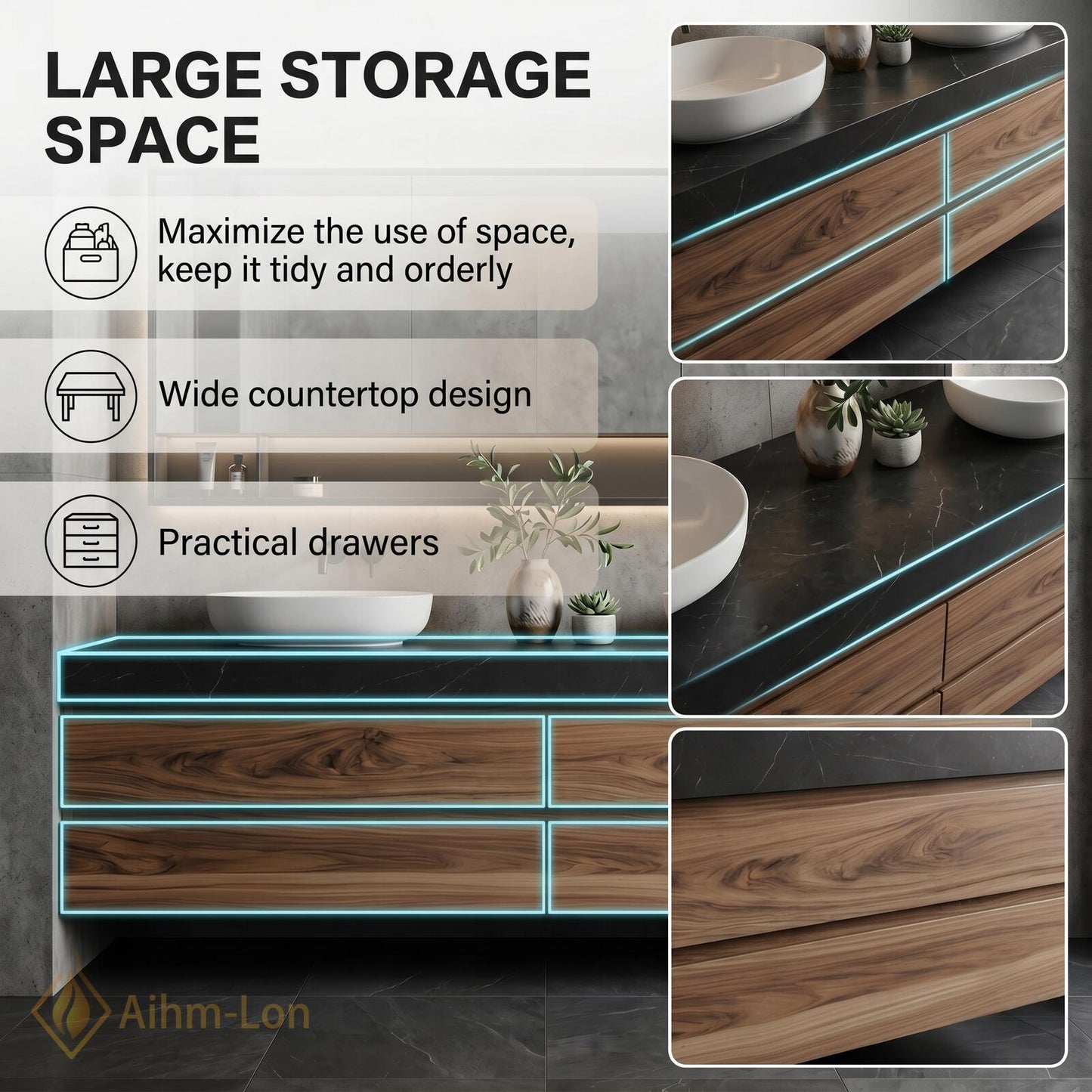 60''-96'' Double Bathroom Vanity with Sink Dark-Walnut Modern Floating Drawers Stone