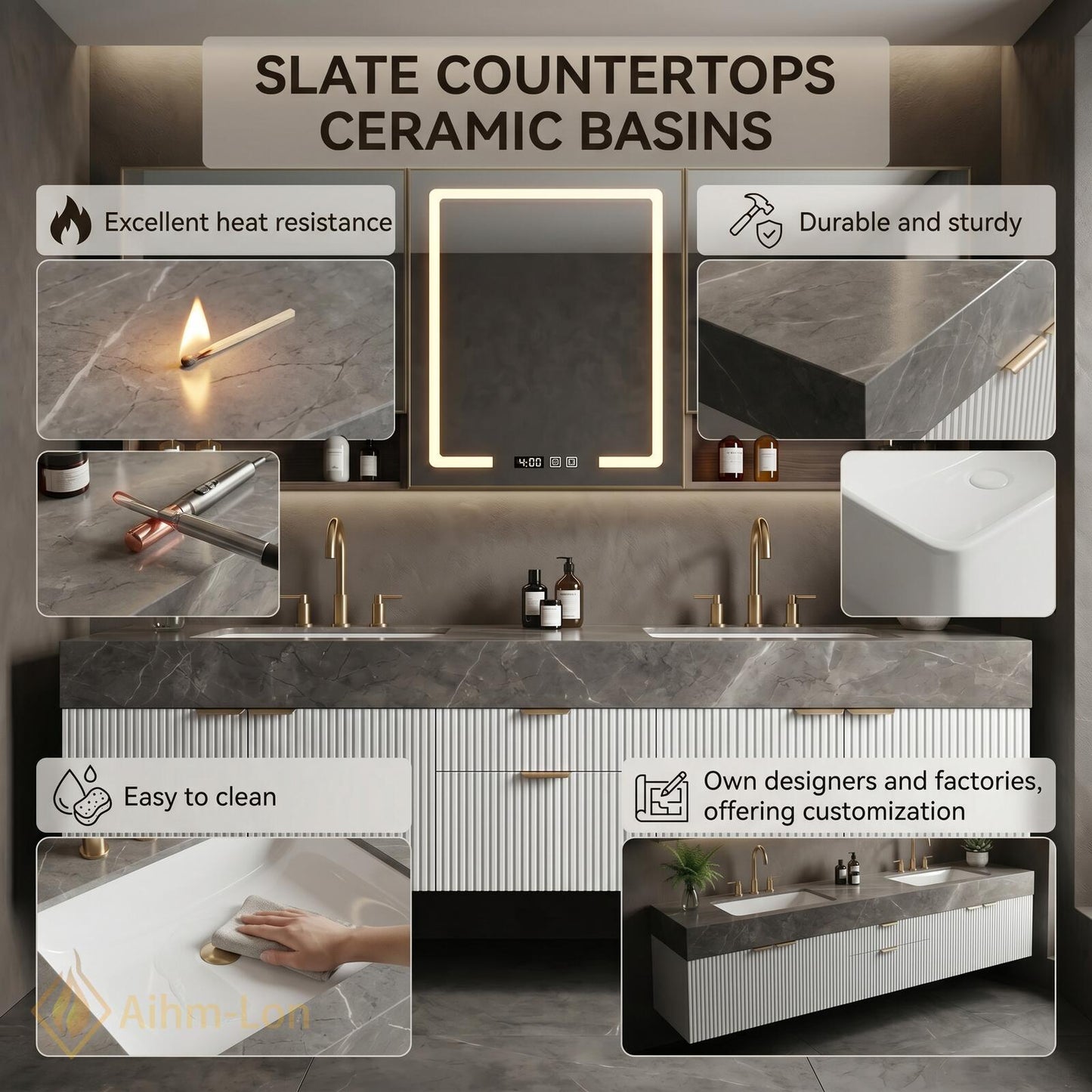 60''-96'' Double Bathroom Vanity with Sink Fluted Basin Marble-Top Open Shelving