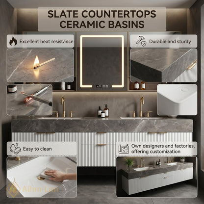 60''-96'' Double Bathroom Vanity with Sink Fluted Basin Marble-Top Open Shelving