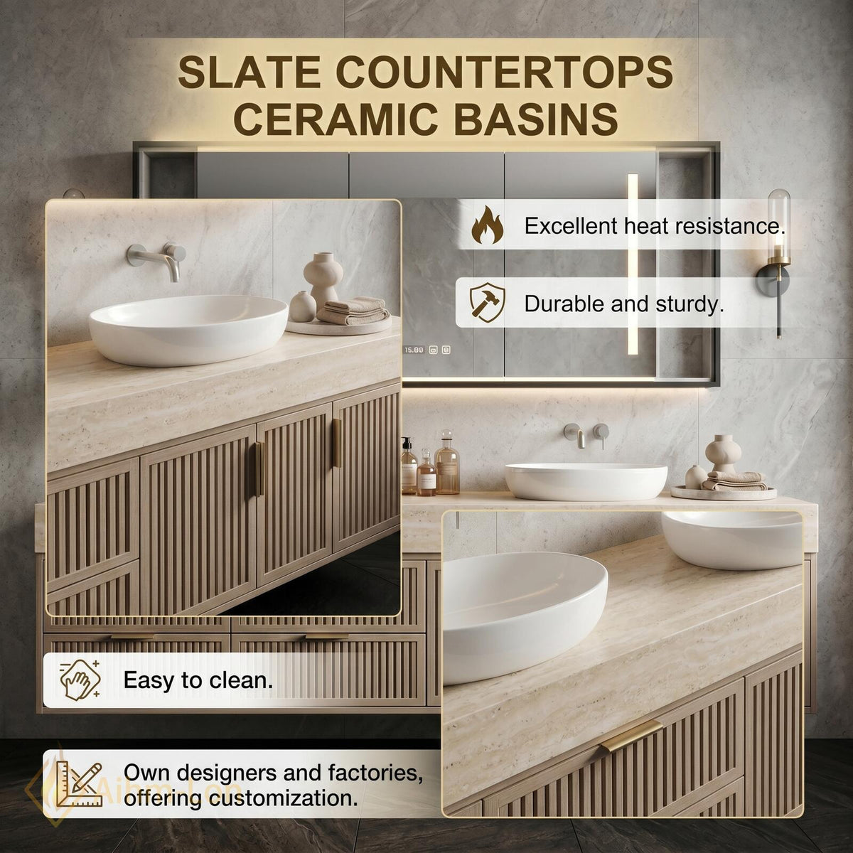 60''-96'' Double Bathroom Vanity with Sink Modern Floating Slatted Panel Wide Stone