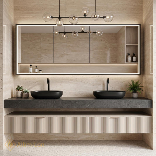 60''-96'' Double Bathroom Vanity with Sink Modern Floating Ribbed Panels Dark Stone