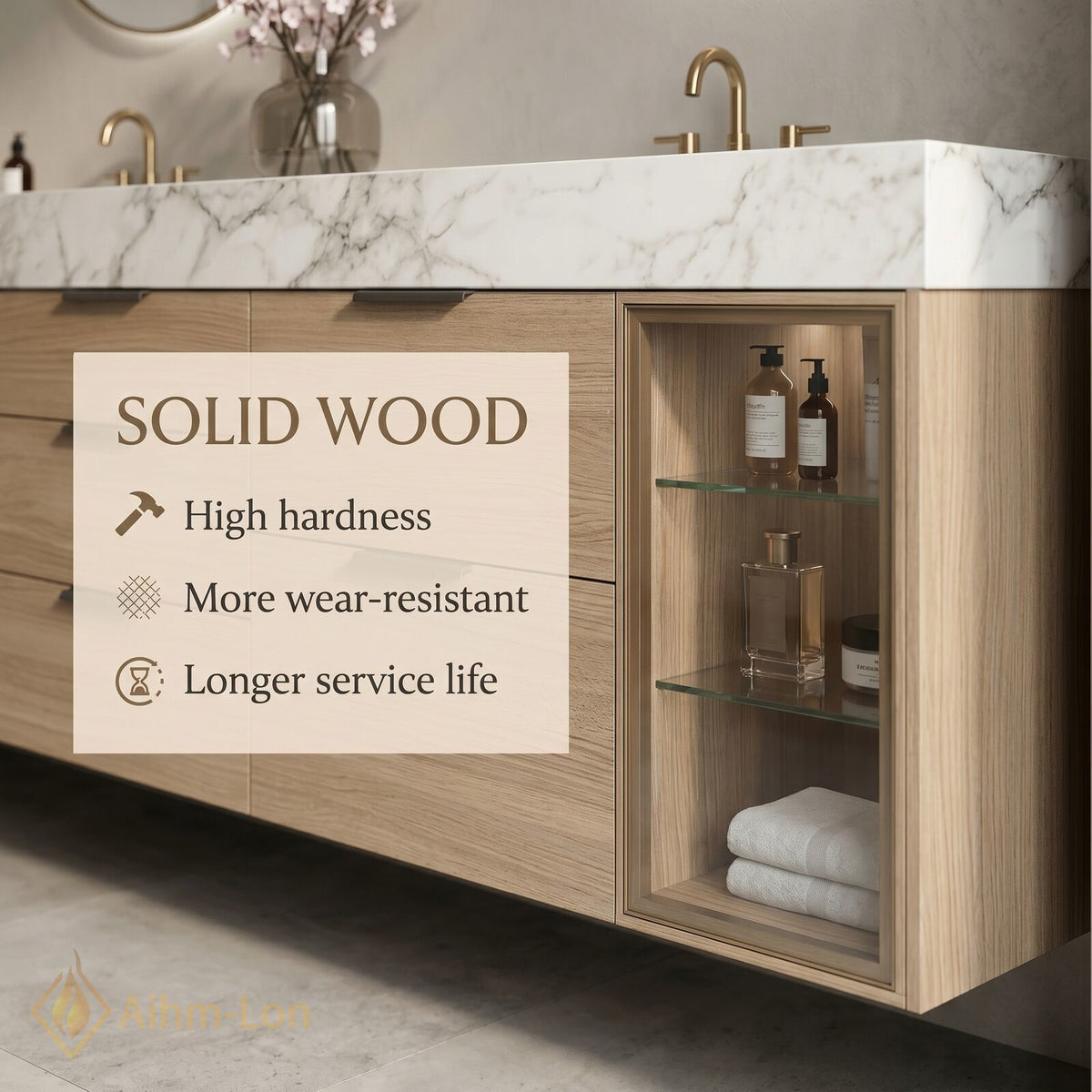 60''-96'' Double Bathroom Vanity with Sink Marble Top Glass Door Cabinets Storage