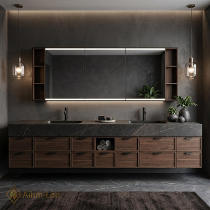60''-96'' Double Bathroom Vanity with Sink Wall-Mounted Wood Grain Texture Deep Drawer