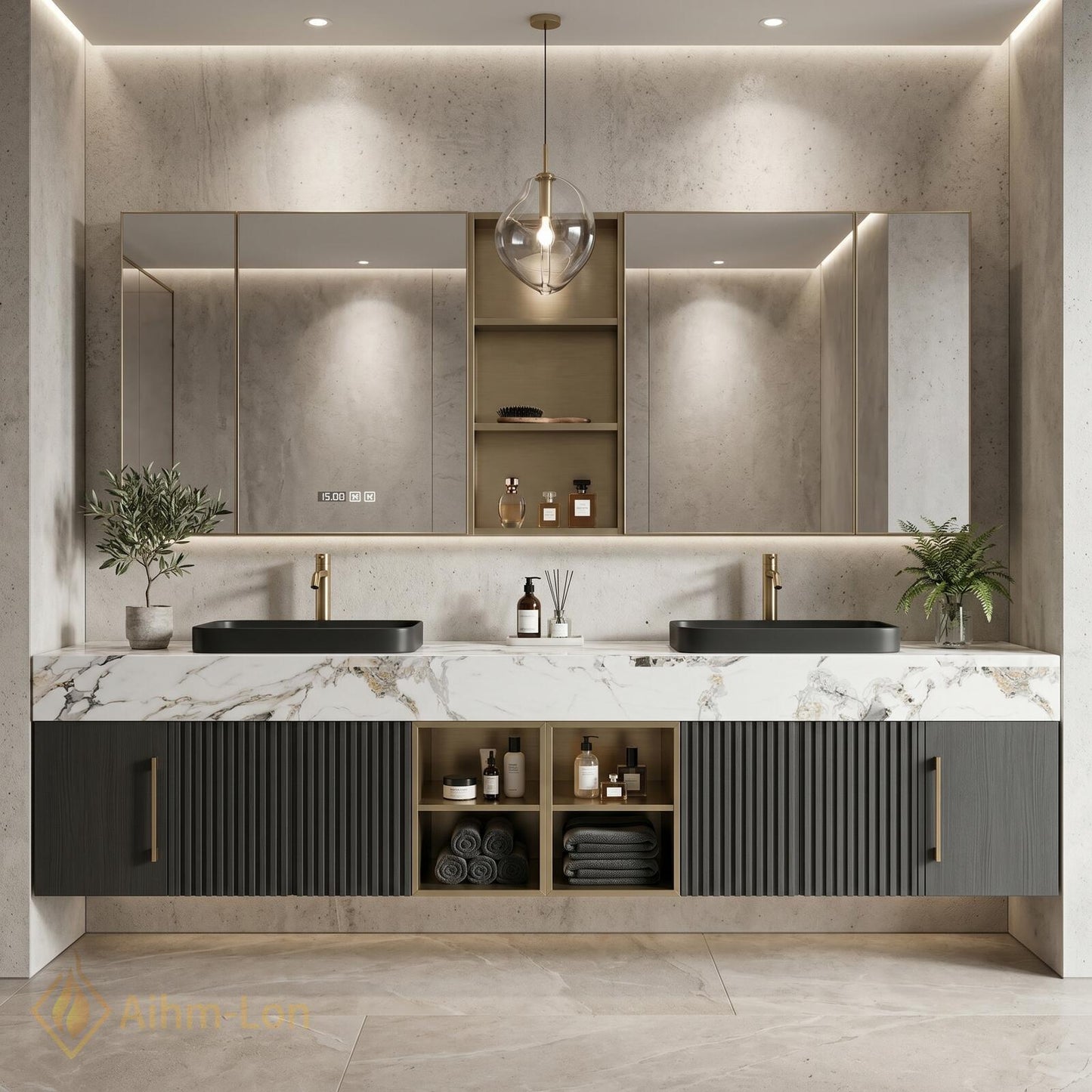 70''-96'' Double Bathroom Vanity with Sink Modern Floating Dark Grey Fluted Panels