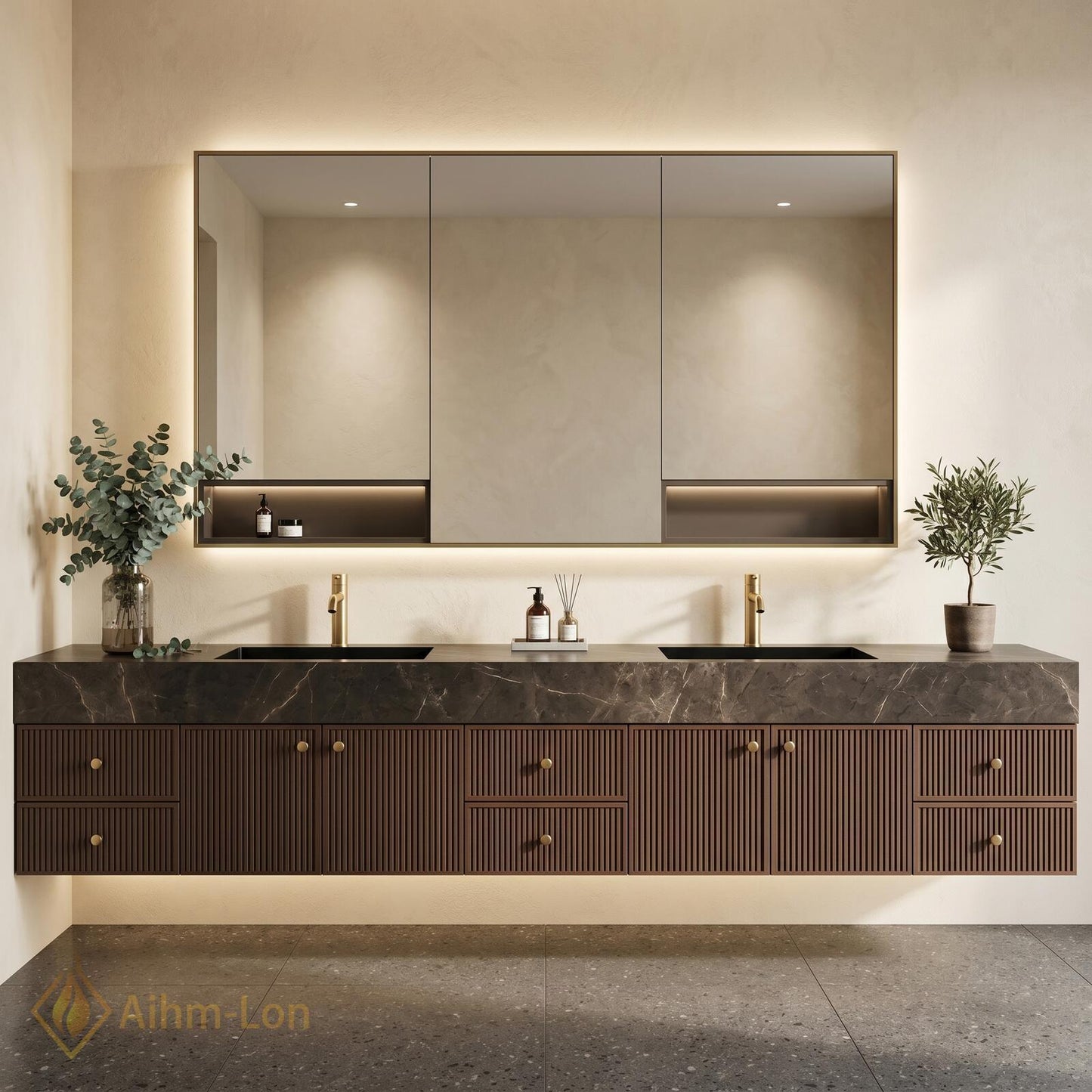 78''-96'' Modern Bathroom Vanity with Sink Floating Dark Stone Slatted Fluted Drawers