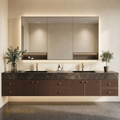 78''-96'' Modern Bathroom Vanity with Sink Floating Dark Stone Slatted Fluted Drawers