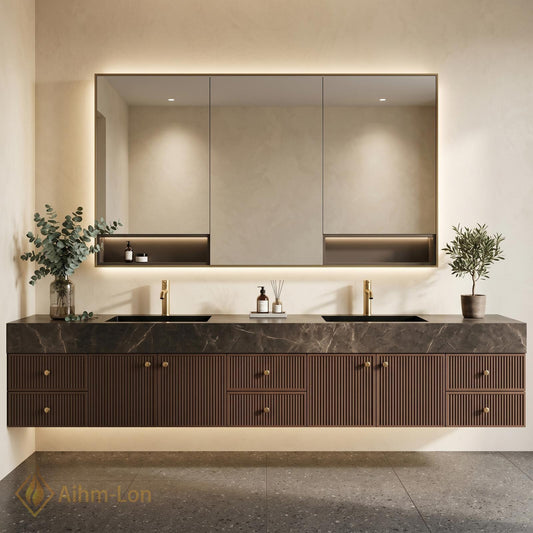 78''-96'' Modern Bathroom Vanity with Sink Floating Dark Stone Slatted Fluted Drawers