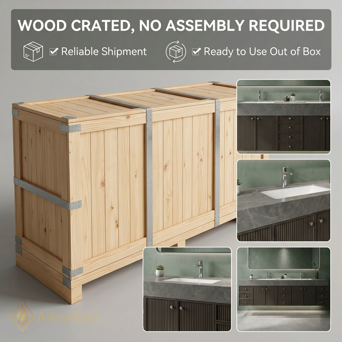 80''-96'' Double Bathroom Vanity with Sink Grey Stone Finish Slatted Wall Mounted