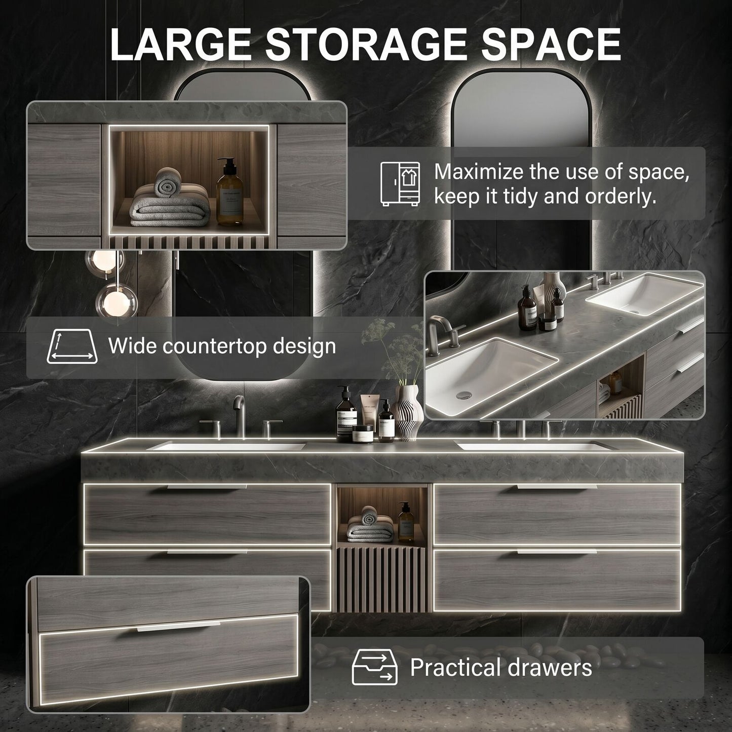 60''-96'' Sleek Bathroom Vanity with Sink Dual Sink Dark Stone Floating Wood Cabinet