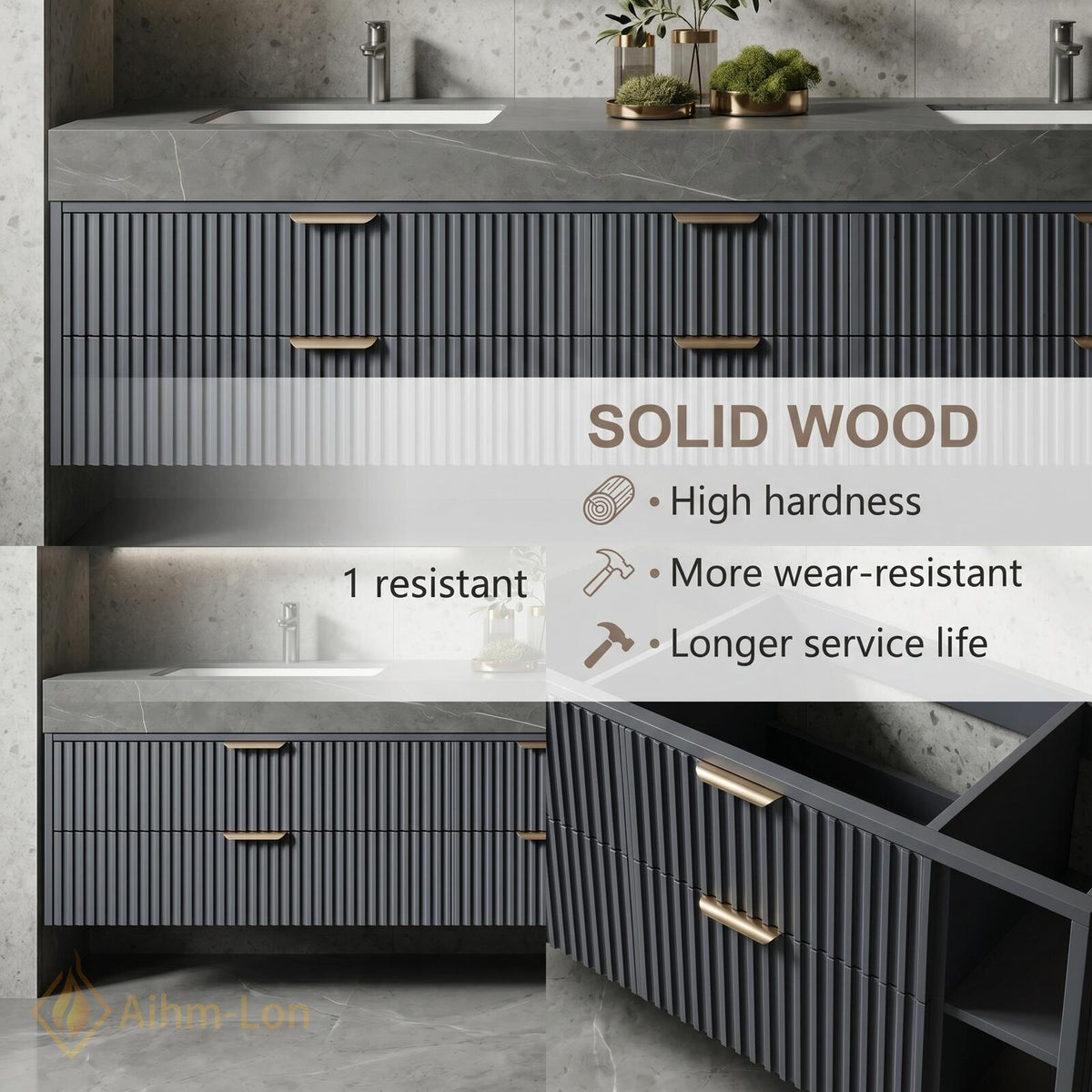 60''-96'' Double Bathroom Vanity with Sink Modern Floating Dark Grey Finish Fluted