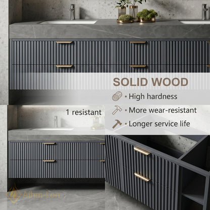60''-96'' Double Bathroom Vanity with Sink Modern Floating Dark Grey Finish Fluted