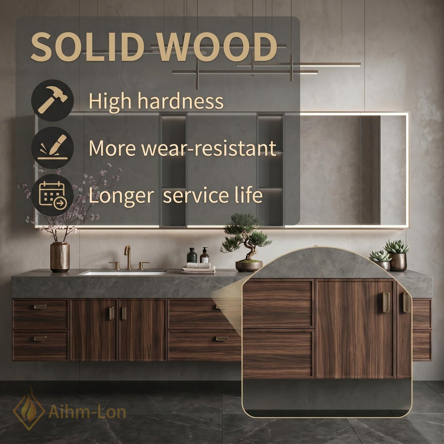72''-96'' Double Bathroom Vanity with Sink Dark-Walnut Modern Floating Basin Stone