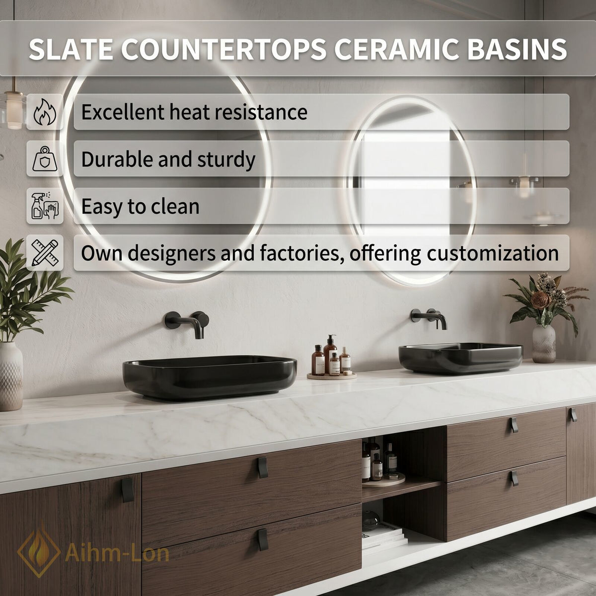 60''-96'' Double Bathroom Vanity with Sink White Marble Top Open Shelving Center