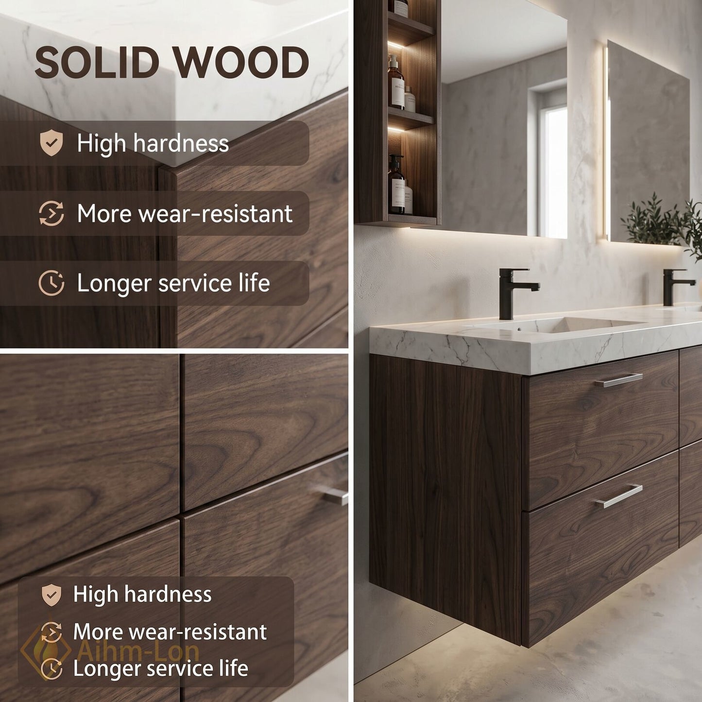 60''-96'' Modern Bathroom Vanity with Sink Dual Sink Marble-Style Top Six Drawers Cabinet