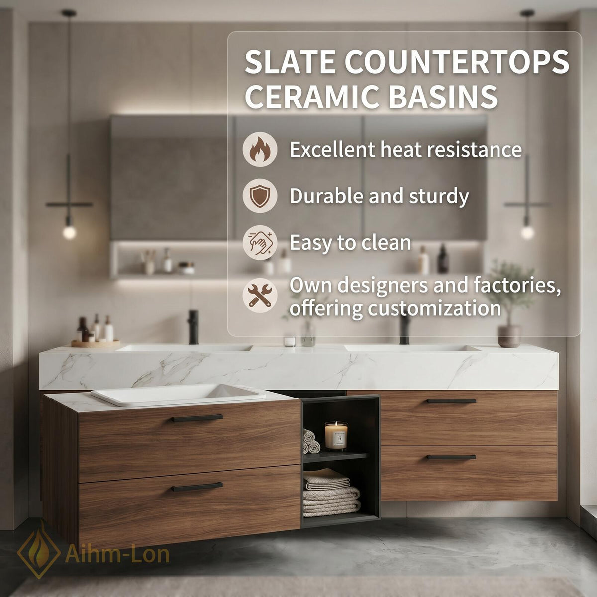 60''-96'' Double Bathroom Vanity with Sink Floating Wood-Grain Finish Open Slatted Shelf