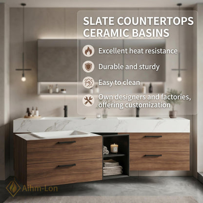 60''-96'' Double Bathroom Vanity with Sink Floating Wood-Grain Finish Open Slatted Shelf