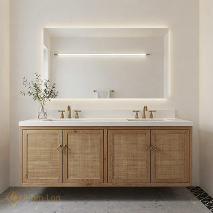 60''-96'' Floating Bathroom Vanity with Sink Double Sink Natural Oak Rattan Doors Mirror