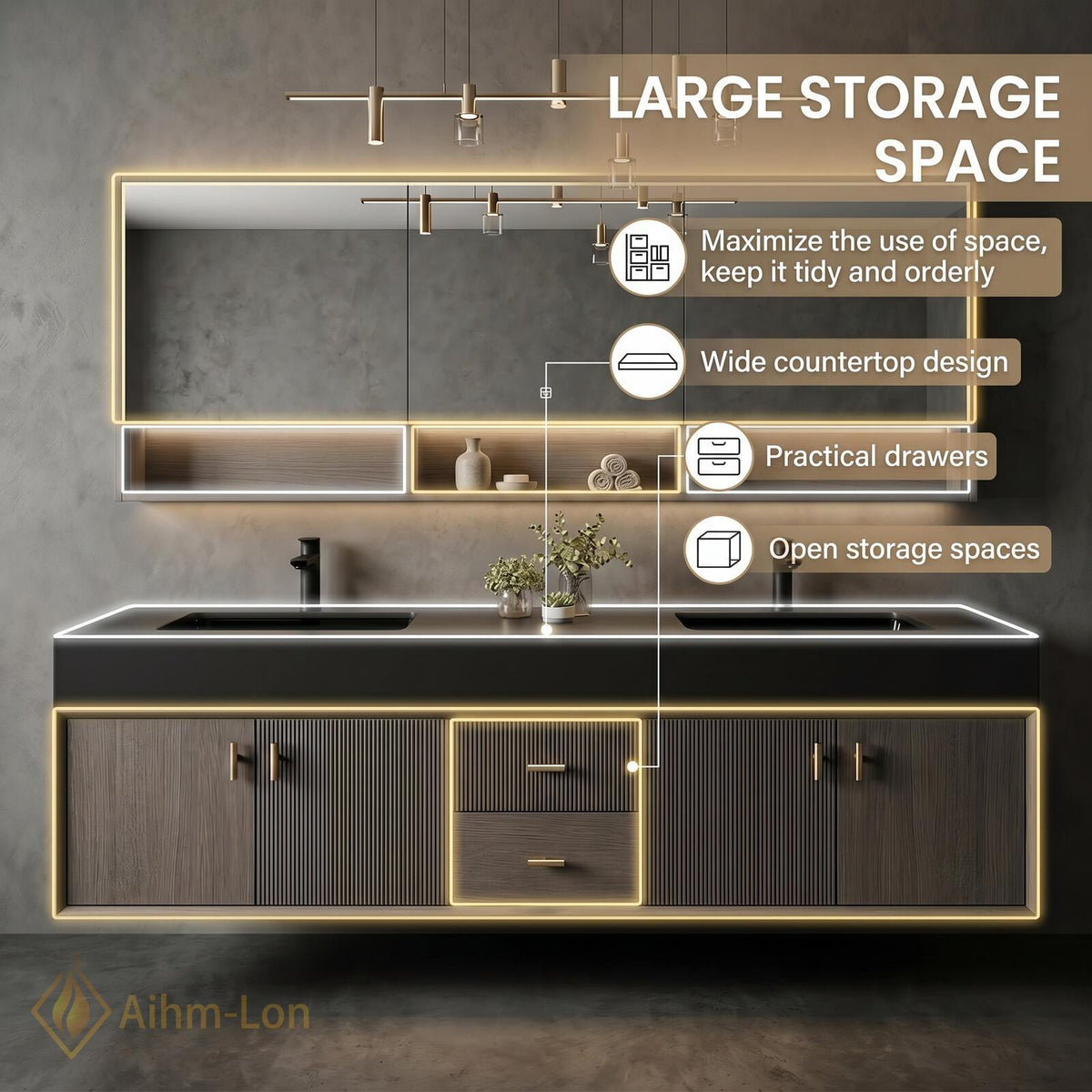 60''-96'' Double Bathroom Vanity with Sink Modern Floating Charcoal Slatted Finish Wall