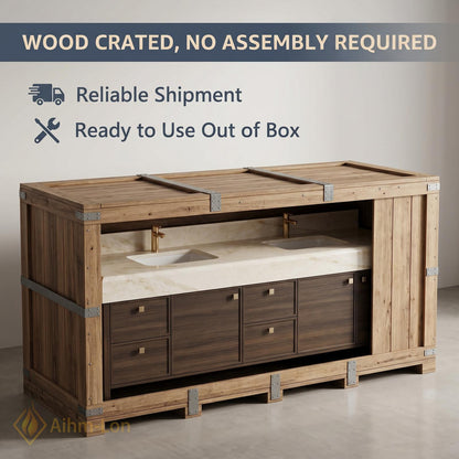 76''-96'' Double Bathroom Vanity with Sink Floating Double Walnut Finish Slatted Panel