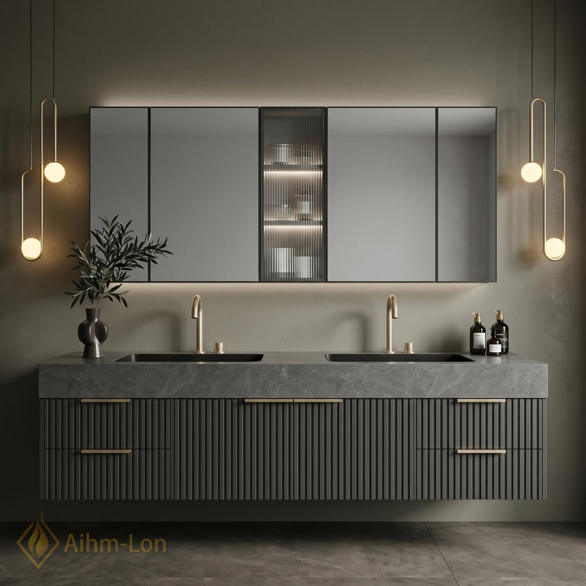 60''-96'' Double Bathroom Vanity with Sink Modern Floating Dark Stone Finish Fluted