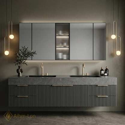 60''-96'' Double Bathroom Vanity with Sink Modern Floating Dark Stone Finish Fluted
