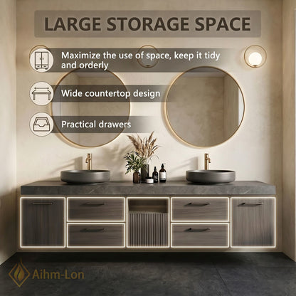 76''-96'' Double Bathroom Vanity with Sink Floating Wall-Mounted Design Mounted Grey Stone