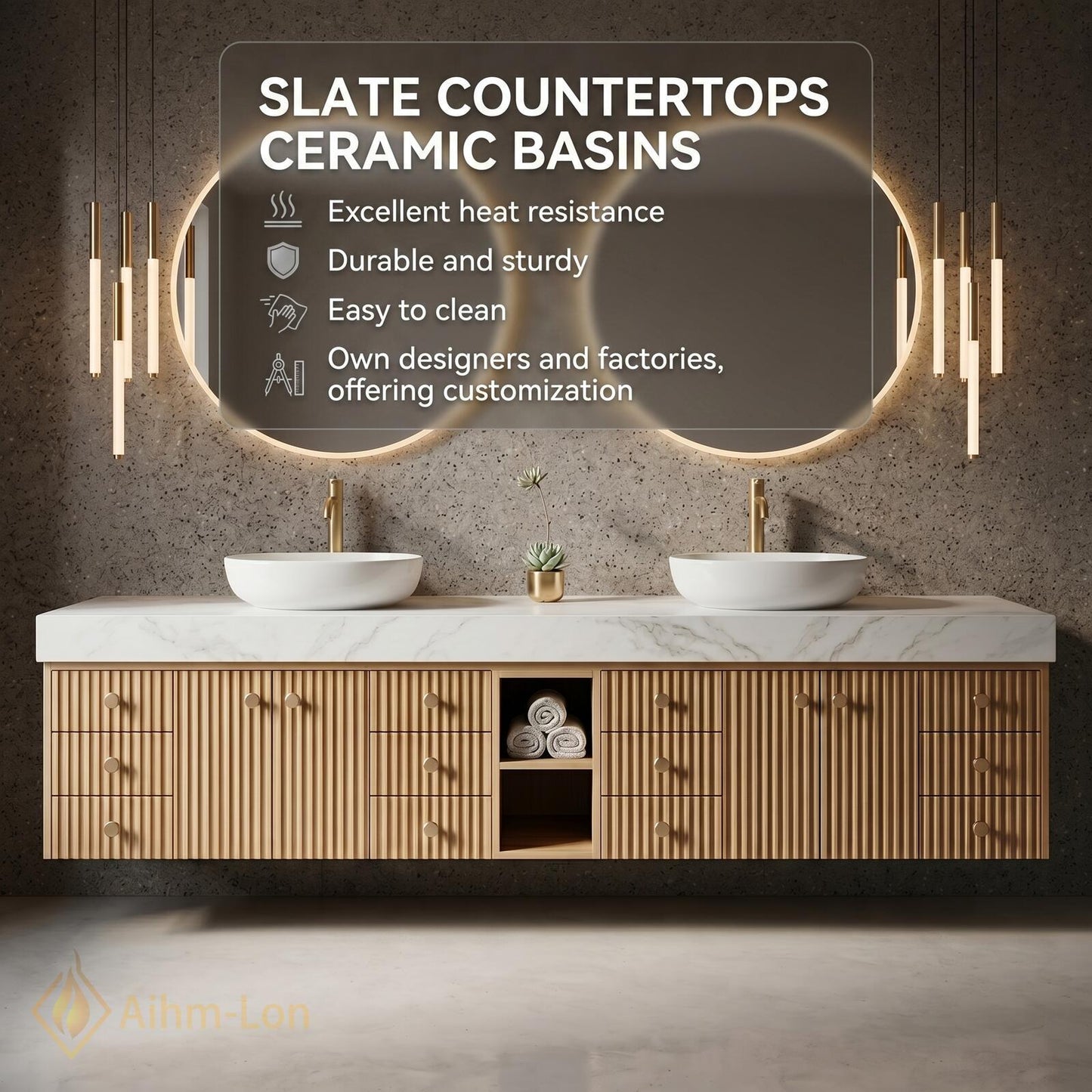 78''-96'' Double Bathroom Vanity with Sink Light-Wood Modern Floating Grain Slatted