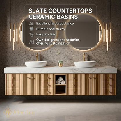 78''-96'' Double Bathroom Vanity with Sink Light-Wood Modern Floating Grain Slatted