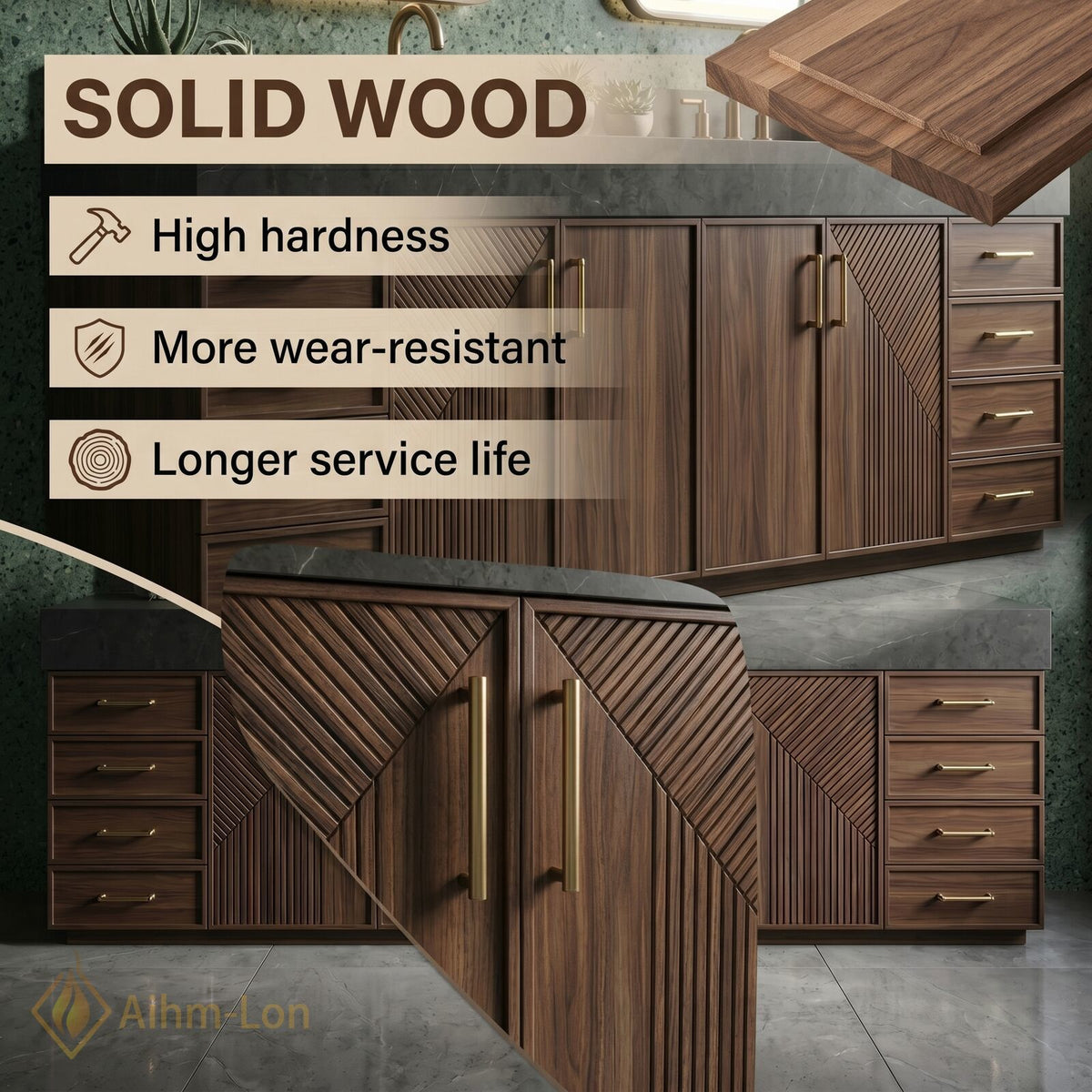 76''-96'' Double Bathroom Vanity with Sink Geometric Door Details Geometric Wood Dark